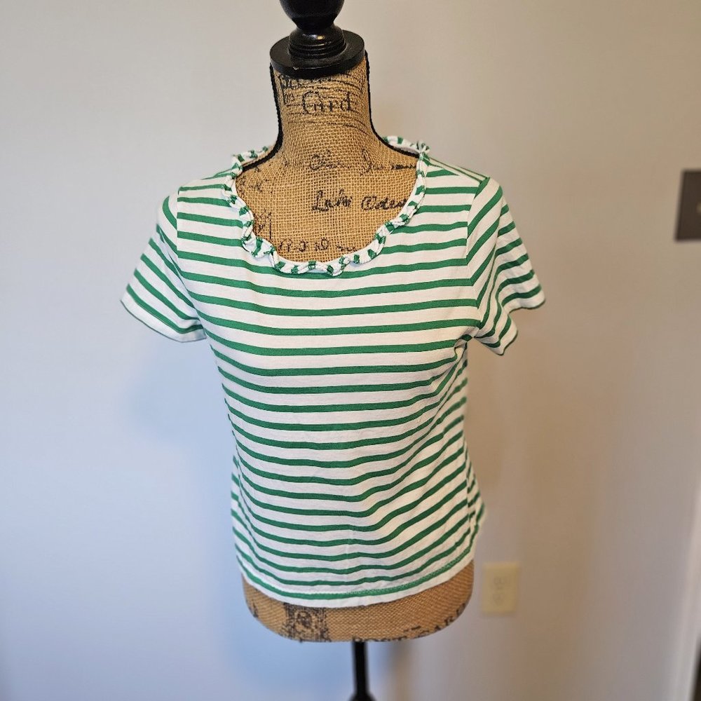 Talbots Green and White Striped Tee Shirt Ruffled Lettuce Trim Collar Size M
